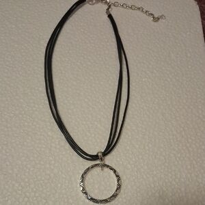 Black Cord Necklace with Silver Circle Pendant